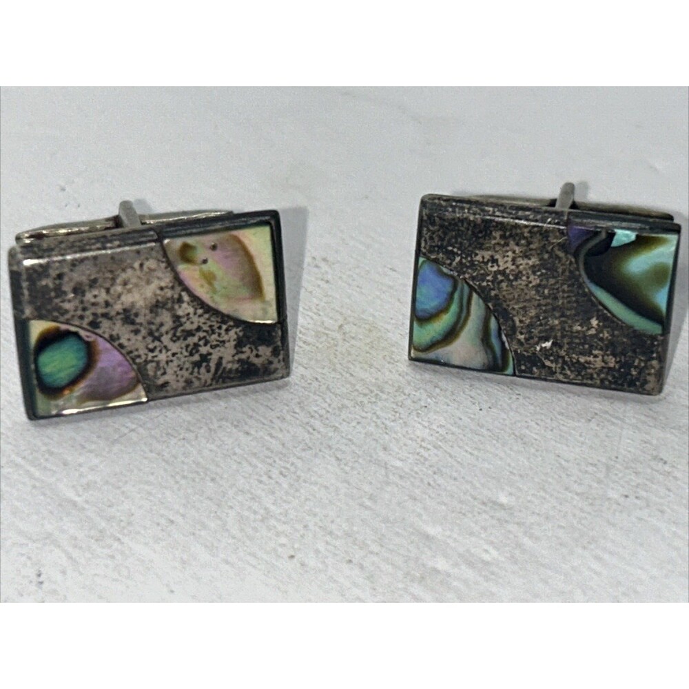 Vintage Sterling Silver .925 Cufflinks Abalone Rectangle Mexico